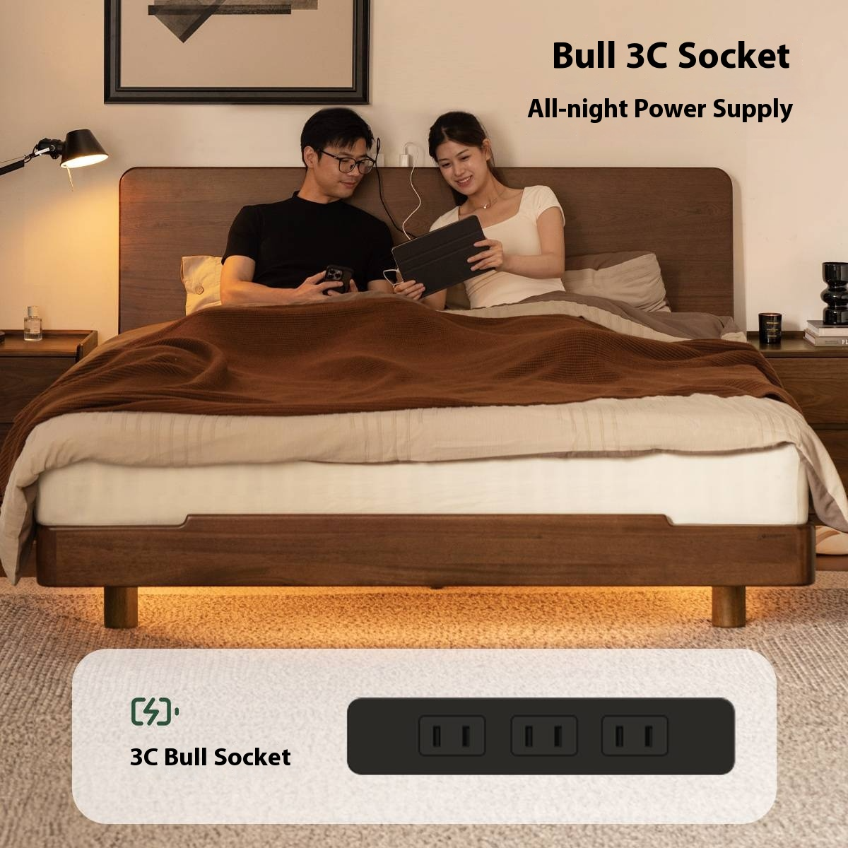 Teak solid wood Modern Simple Luminous Multifunctional Bed