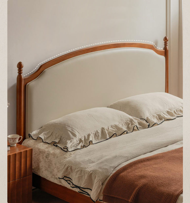 Poplar Solid Wood Bed – French Retro Design with Soft Fabric Upholstery