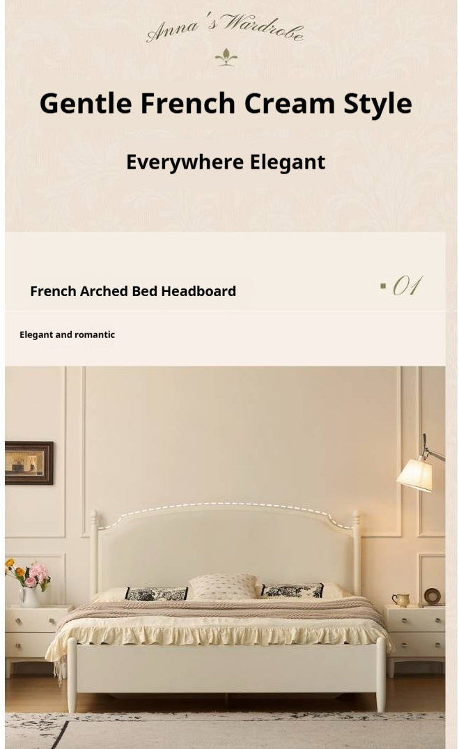 Rubberwood Solid Wood French Cream Storage Bed with Upholstered Headboard