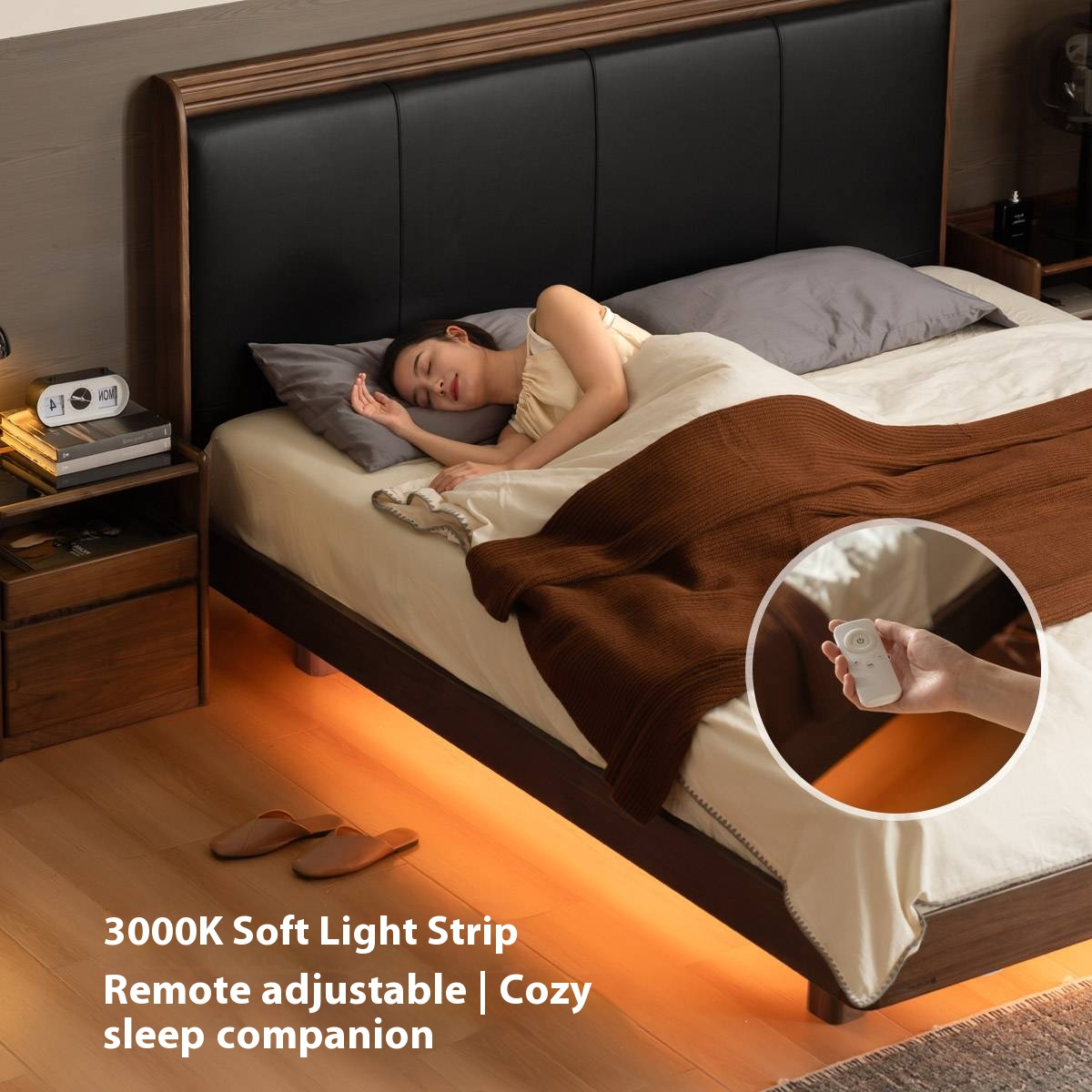 Black Walnut Solid Wood Luxury Leather with Light Bed