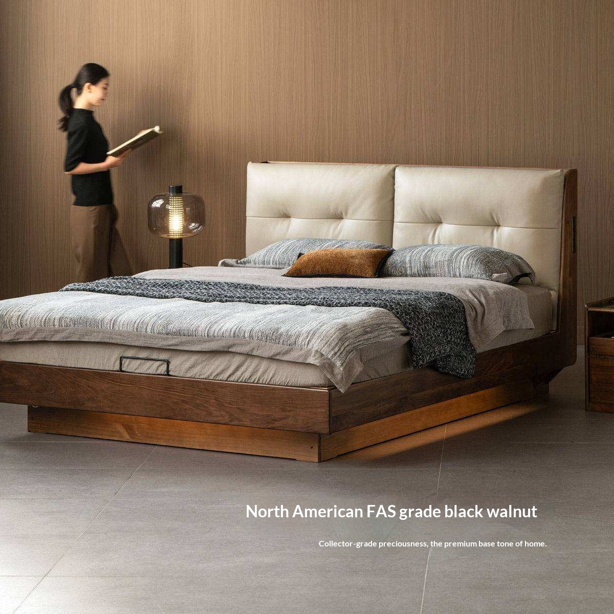Black Walnut Solid Wood Genuine Leather Lift-Up Storage Bed with Tufted Headboard and LED Floating Base