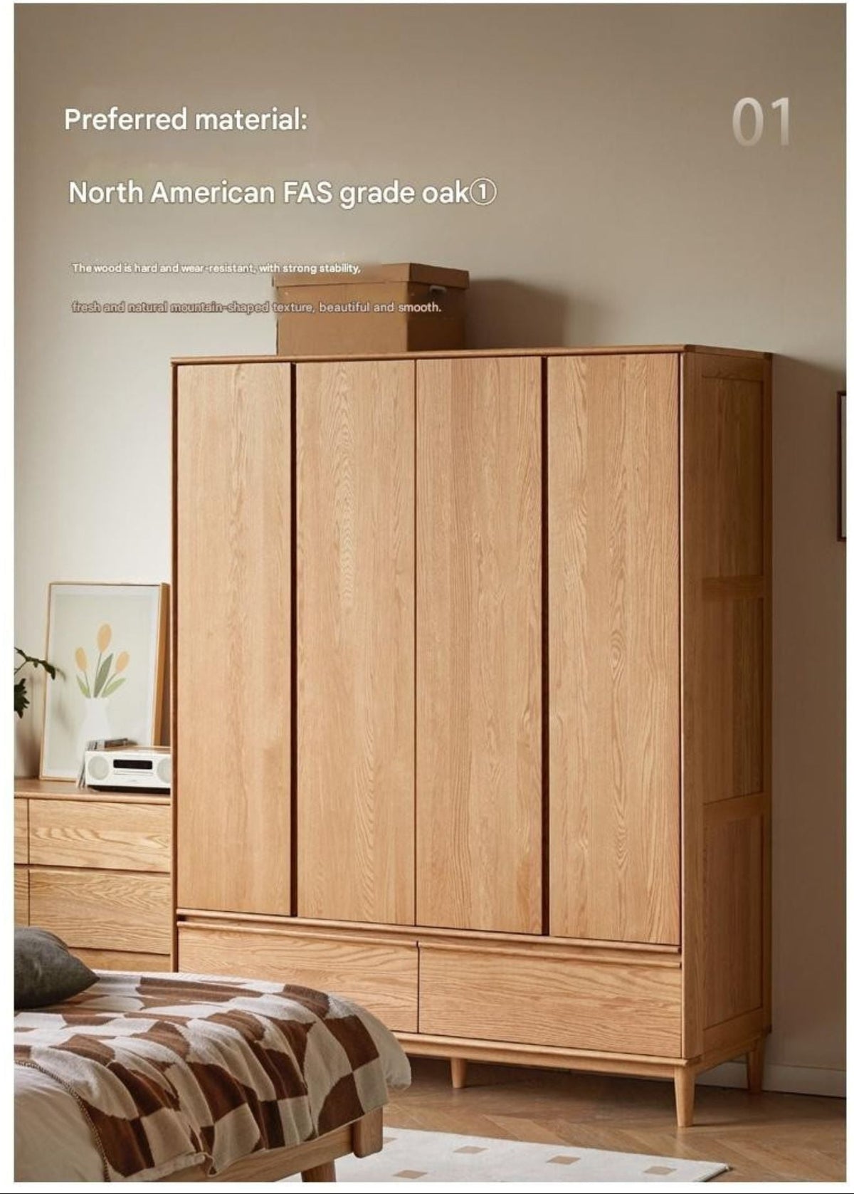 Oak Solid Wood Wardrobe Armoire with Hidden Groove Pulls and Raised Legs