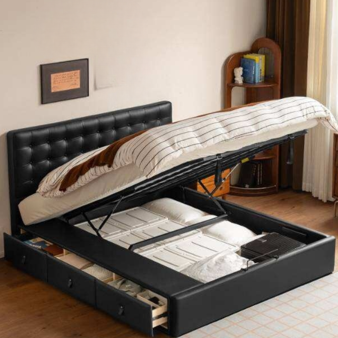 Genuine Leather Hydraulic Lift Storage Bed with Drawers
