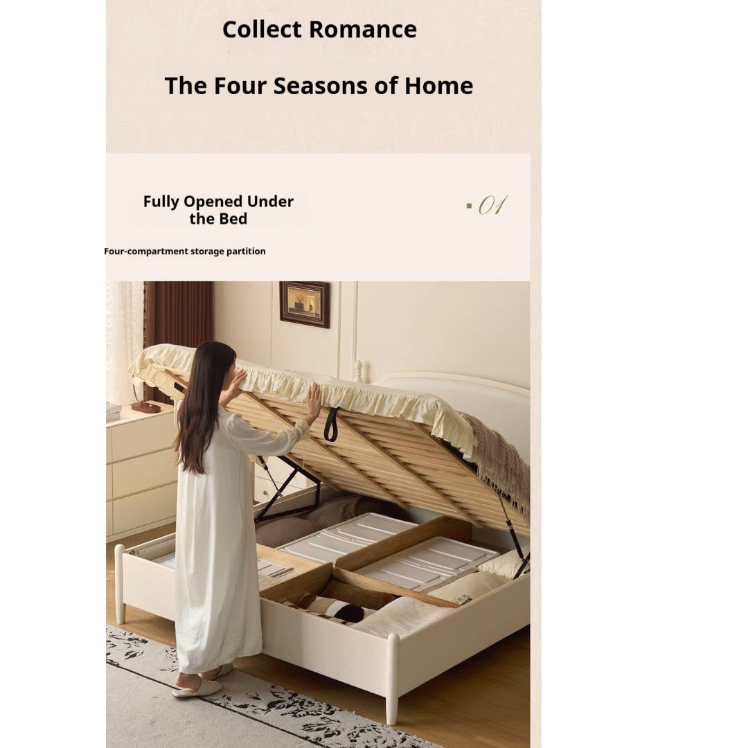 Rubberwood Solid Wood French Cream Storage Bed with Upholstered Headboard