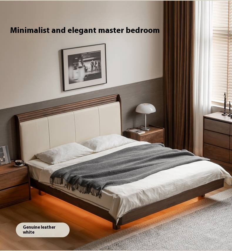 Black Walnut Solid Wood Luxury Leather With Light Bed