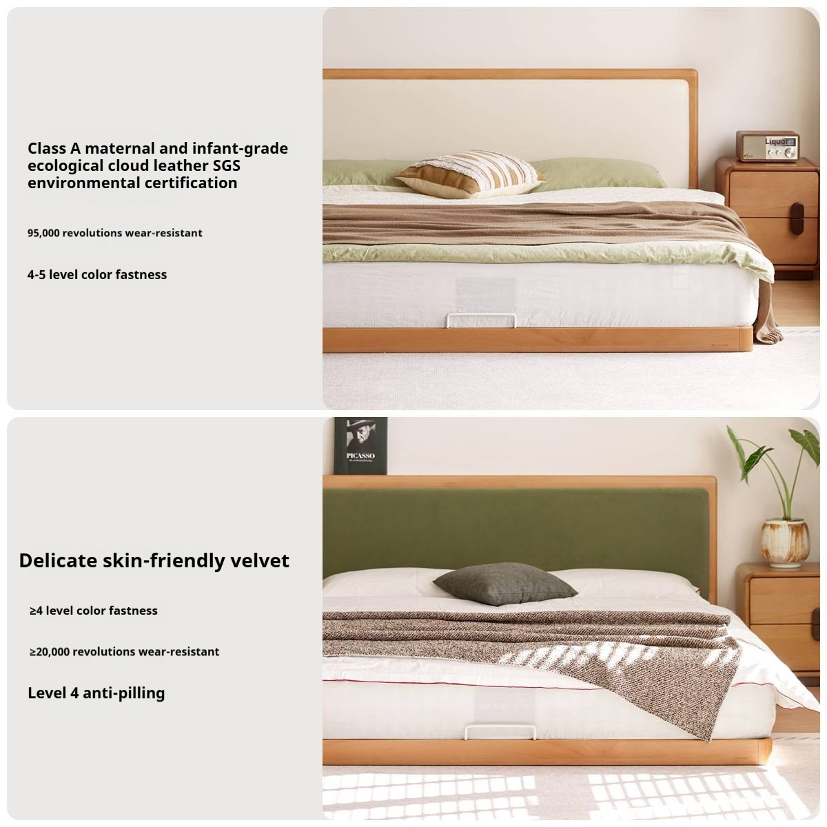 Beech Solid Wood Bed – Platform Bed with Soft Upholstery