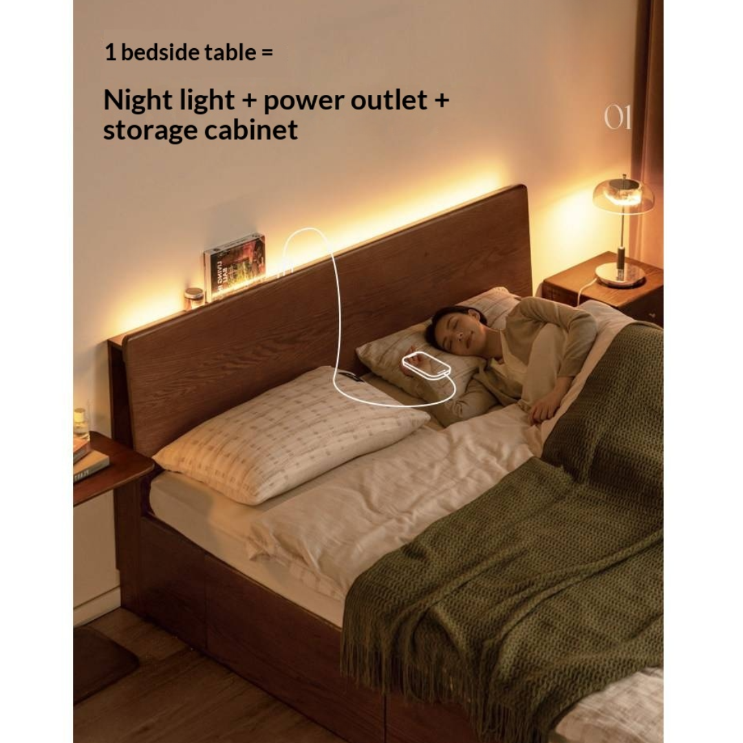 Oak, Rubberwood Solid Wood, Multifunctional Storage Box Bed