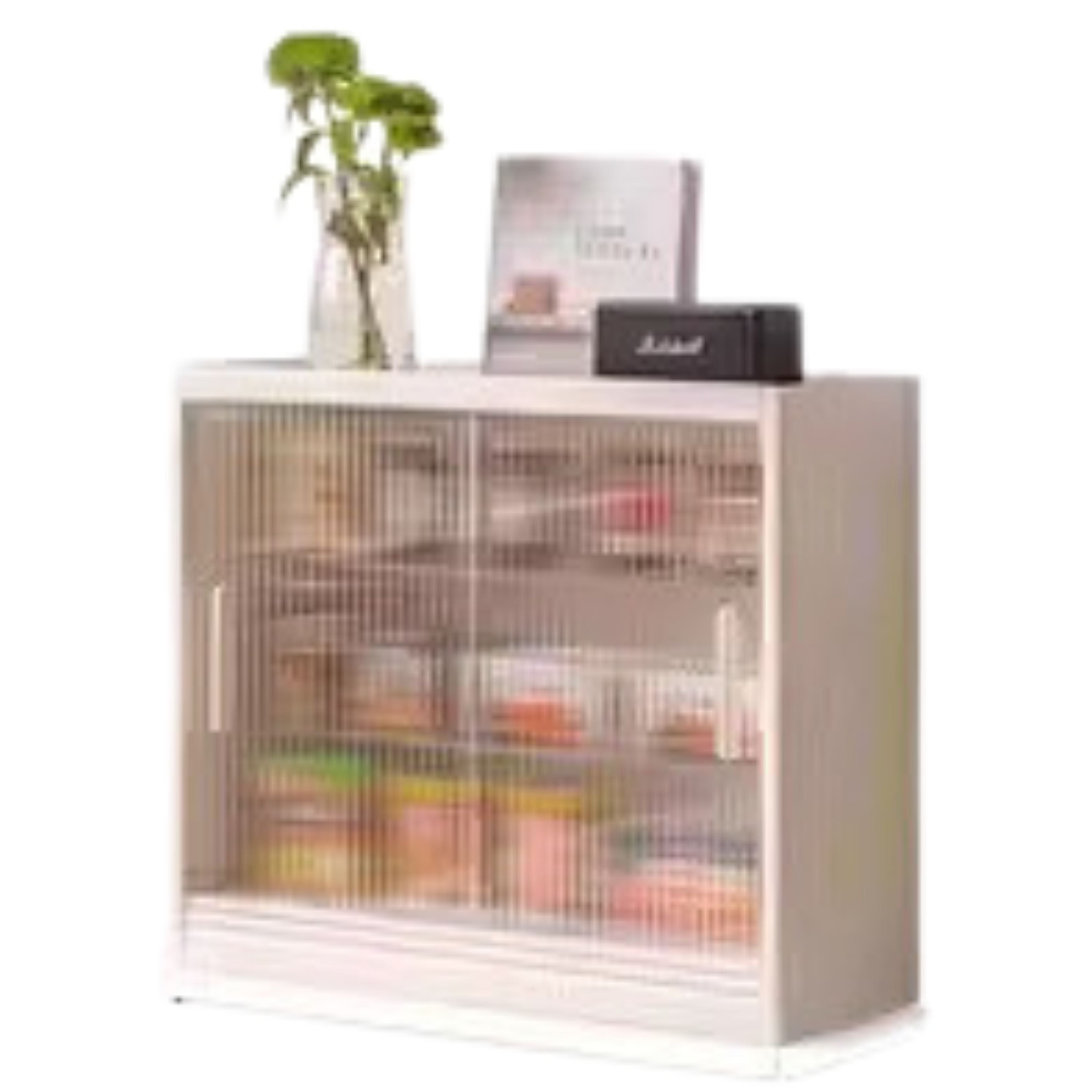 Oak, Cherry Solid Wood Desktop Locker Storage Cabinet Glass Sliding Door