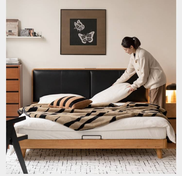Cherry Solid Wood Bed with Top Layer Cowhide Soft Headboard Retro Style