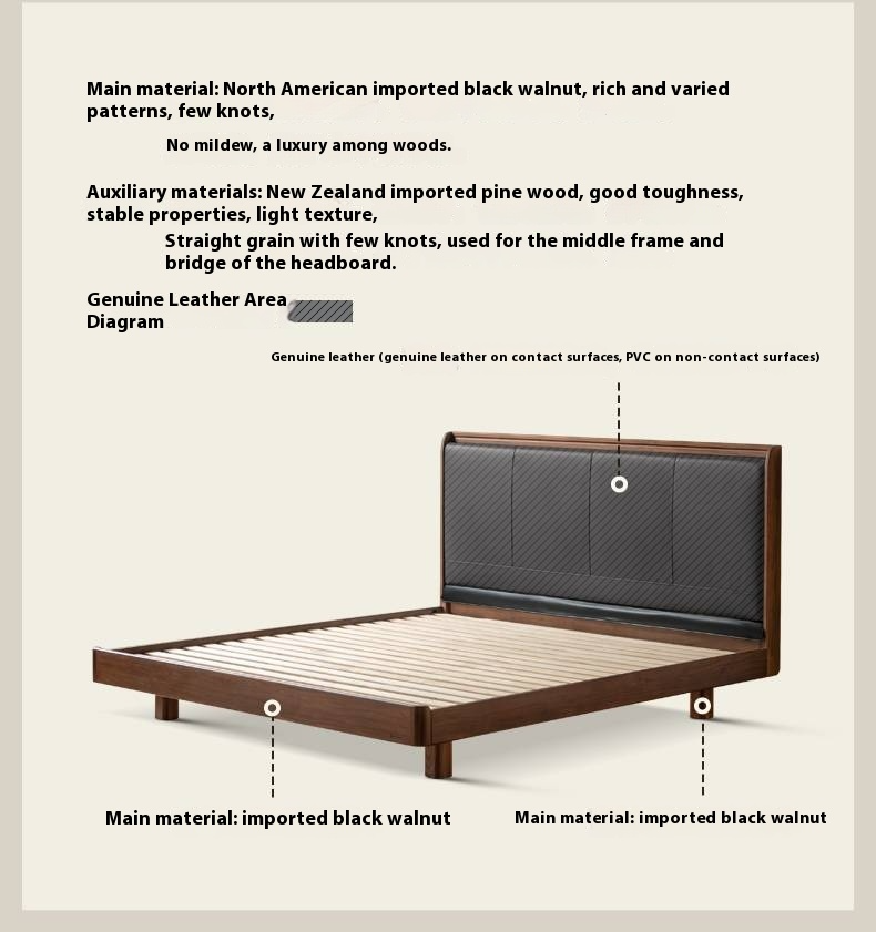 Black Walnut Solid Wood Luxury Leather With Light Bed
