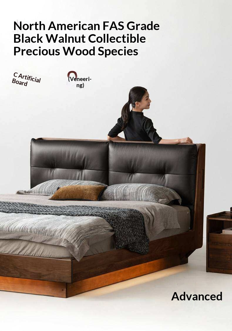 Black Walnut Solid Wood Genuine Leather Lift-Up Storage Bed with Tufted Headboard and LED Floating Base