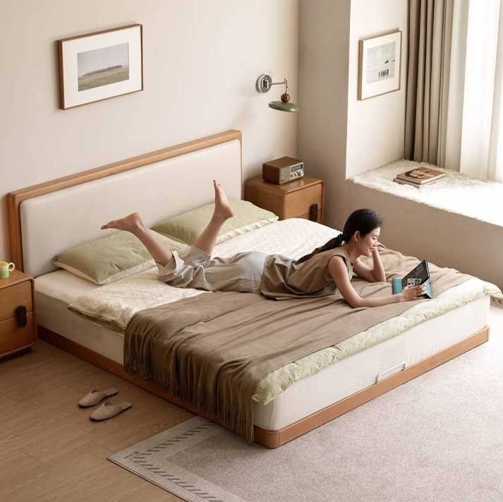 Beech Solid Wood Bed – Platform Bed with Soft Upholstery