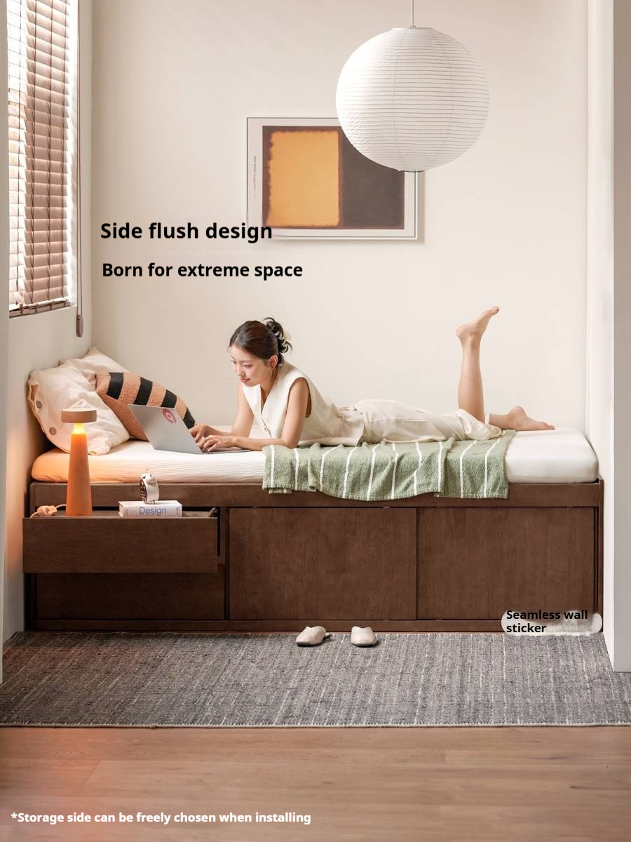 Rubberwood Solid Wood Modern Simple Box Platform Bed, Headboard-Free Bed