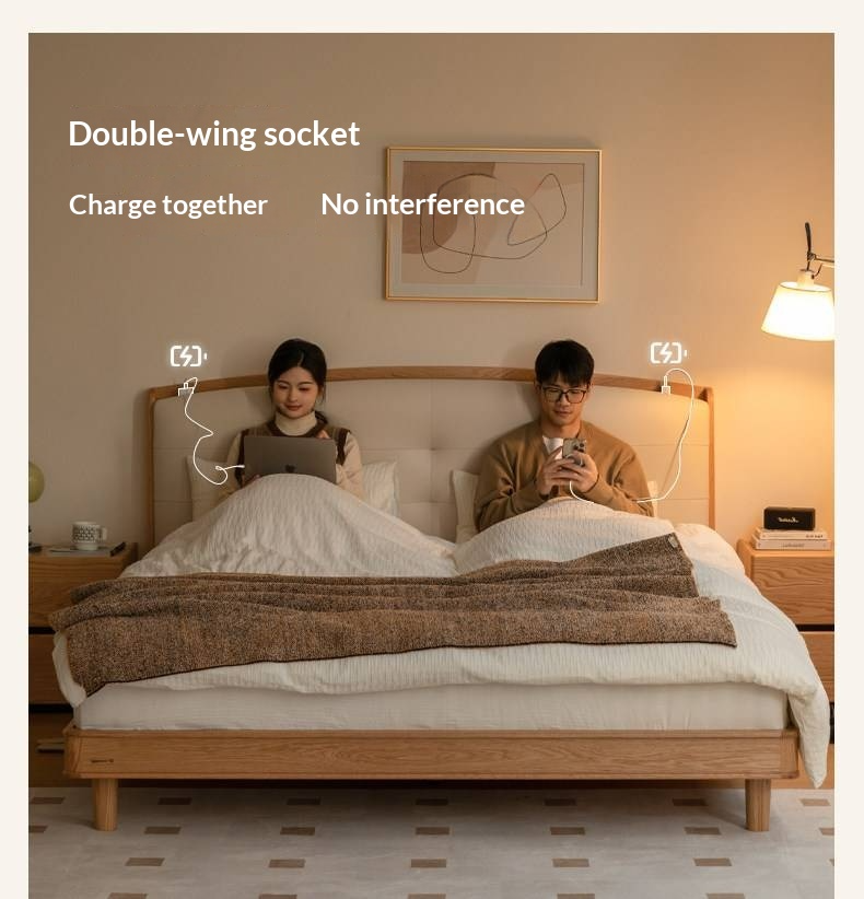 Oak Solid Wood Bed — Simple Style with Multifunctional Upholstered Design