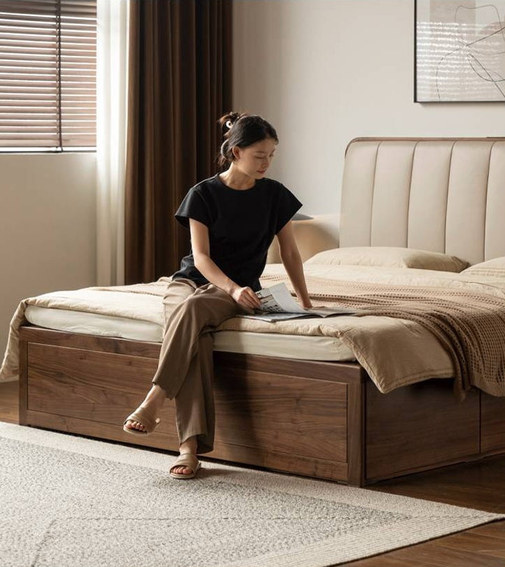 Black Walnut Solid Wood Genuine Leather Italian Light Luxury Soft Bed