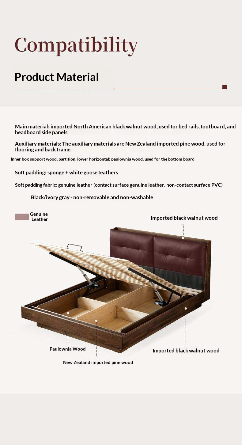 Black Walnut Solid Wood Genuine Leather Lift-Up Storage Bed with Tufted Headboard and LED Floating Base