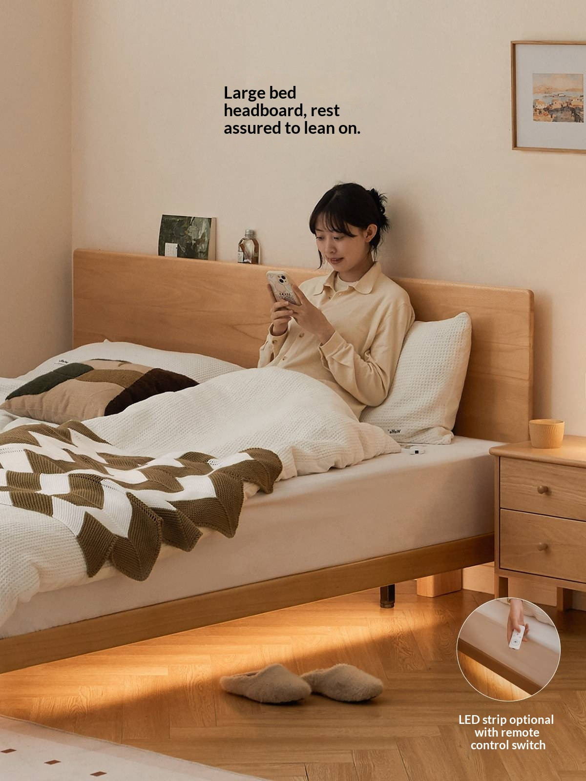 European Beech Solid Wood Bed — Nordic Minimalist Style