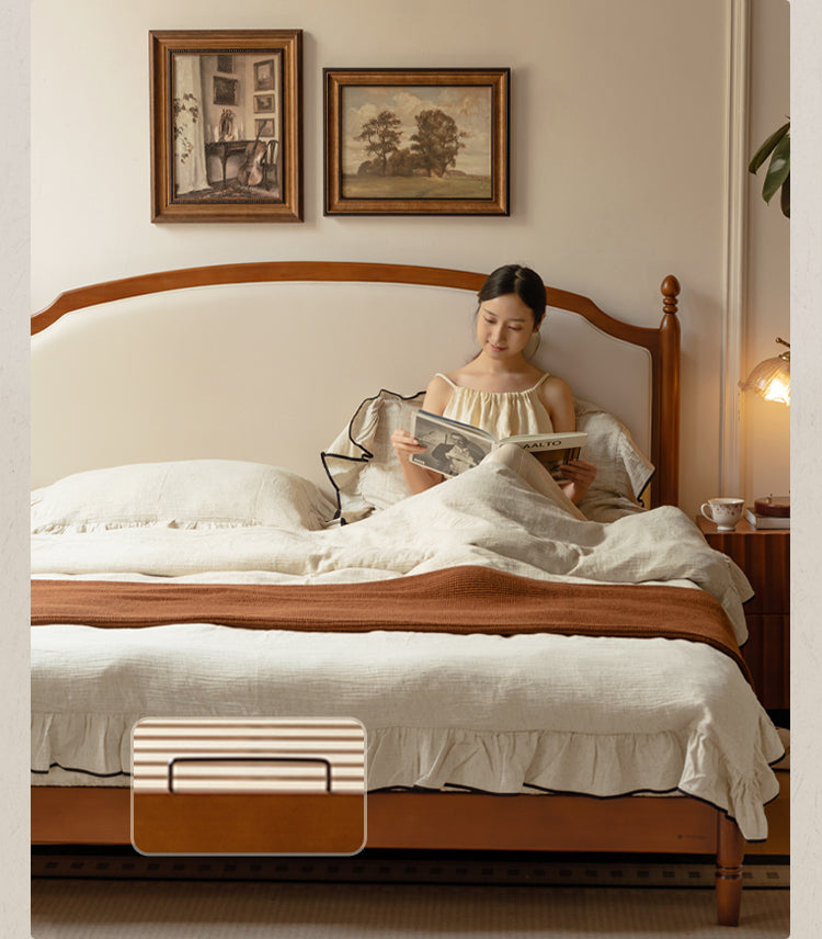 Poplar Solid Wood Bed – French Retro Design with Soft Fabric Upholstery