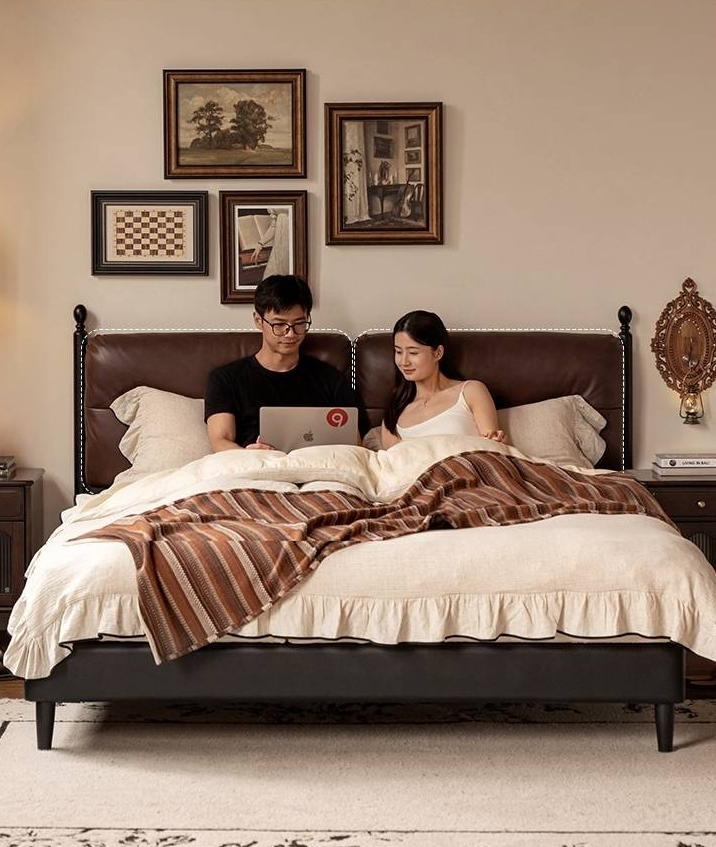 Leather Soft Bed French Retro Style