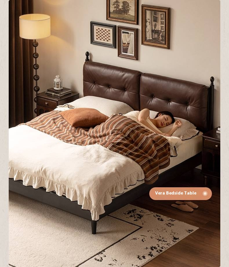 Leather Soft Bed French Retro Style