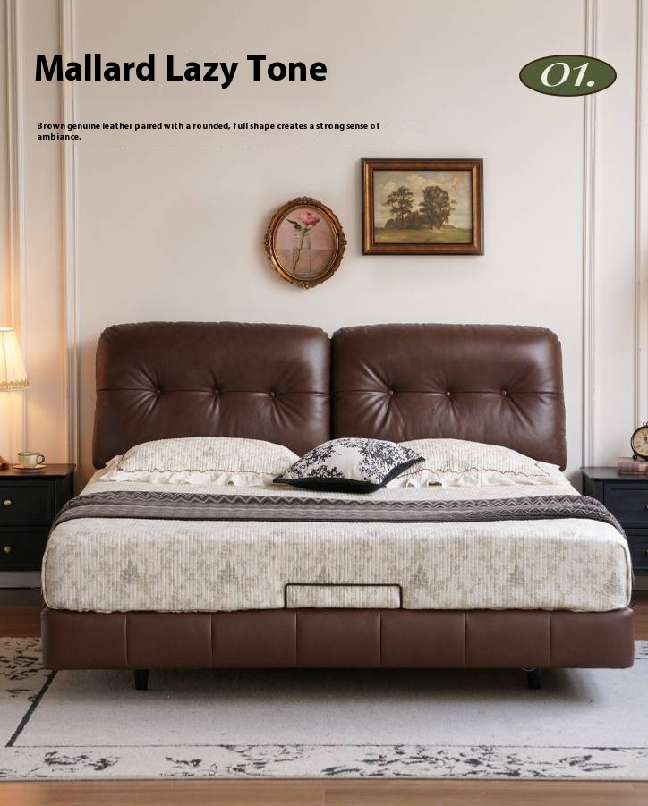 Genuine Leather American Retro Bed with Light