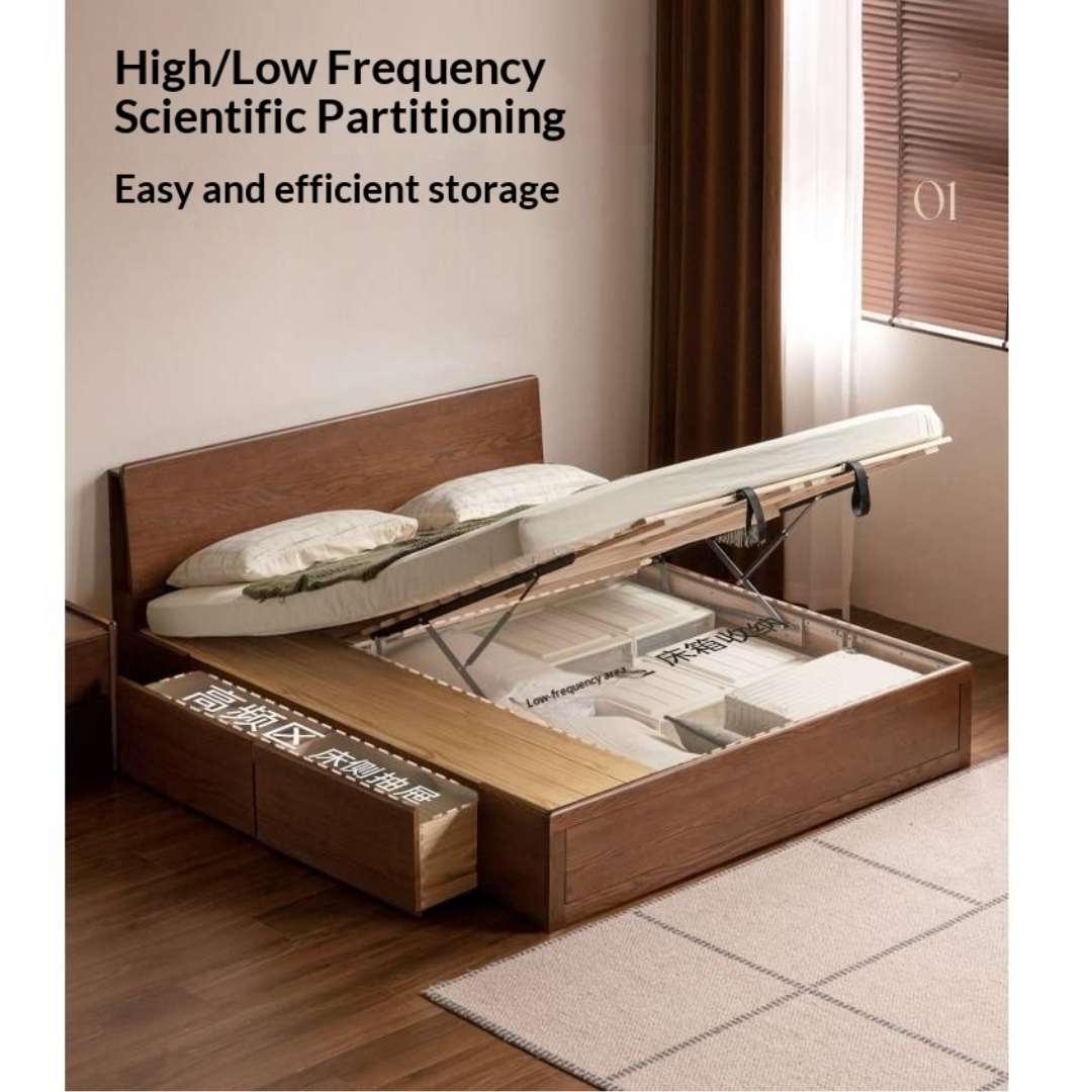 Oak, Rubberwood Solid Wood, Multifunctional Storage Box Bed
