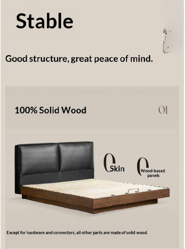 Black Walnut Solid Wood Box Bed — Italian Light Luxury, Genuine Leather Upholstered Headboard