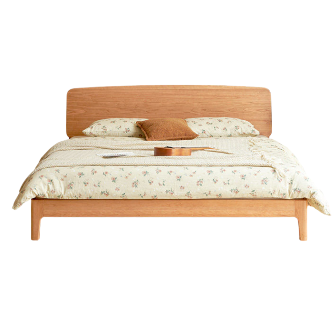 Cherry Solid Wood Bed — Retro Simple Luminous Bed with Charging and Storage