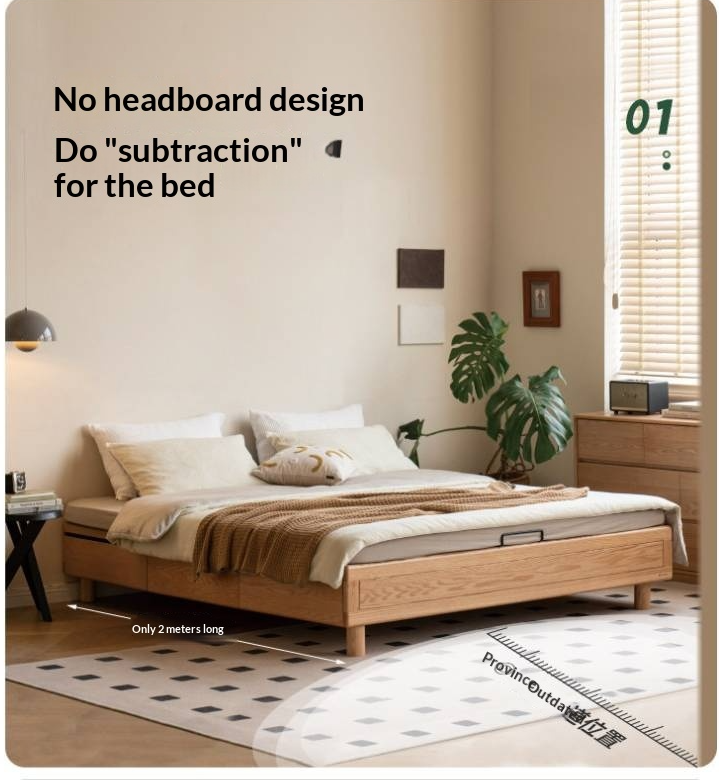 Oak Solid Wood Platform Bed — Headboard-Free, Drawer Storage, Simple Pull-Out Design