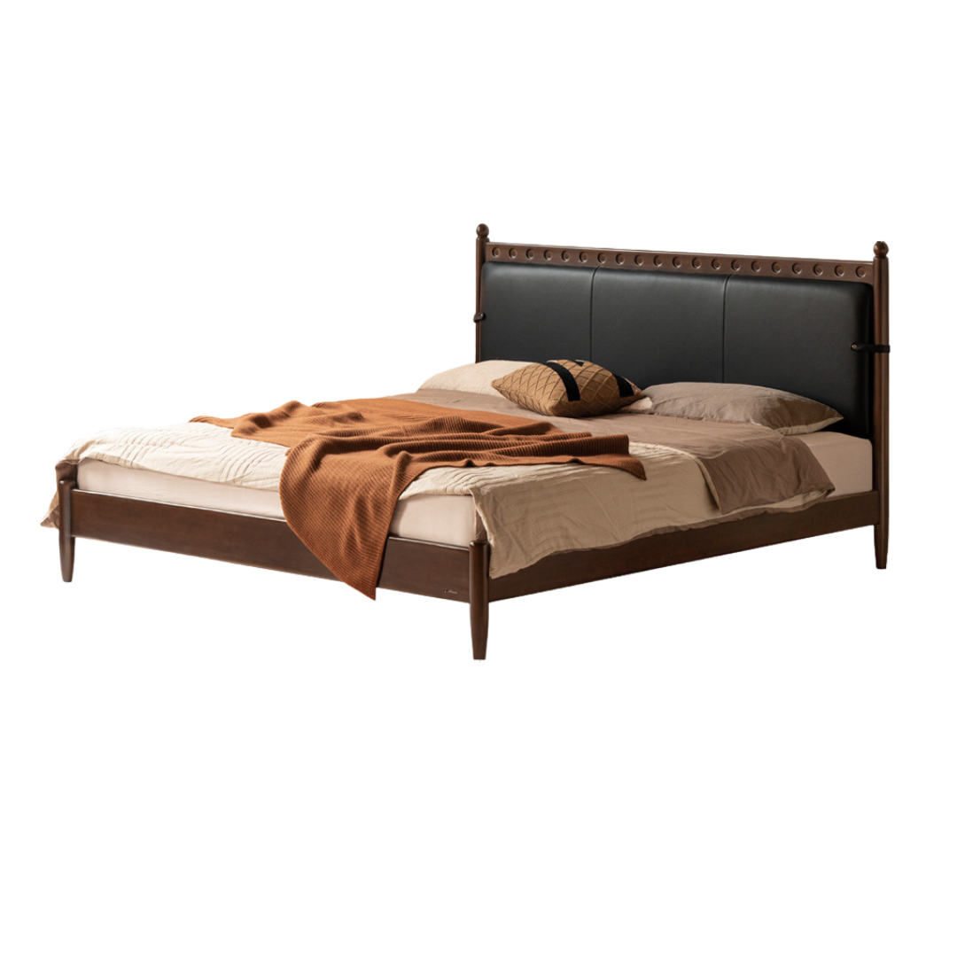 Poplar Solid Wood Genuine Leather Soft Backrest Bed Retro Vintage
