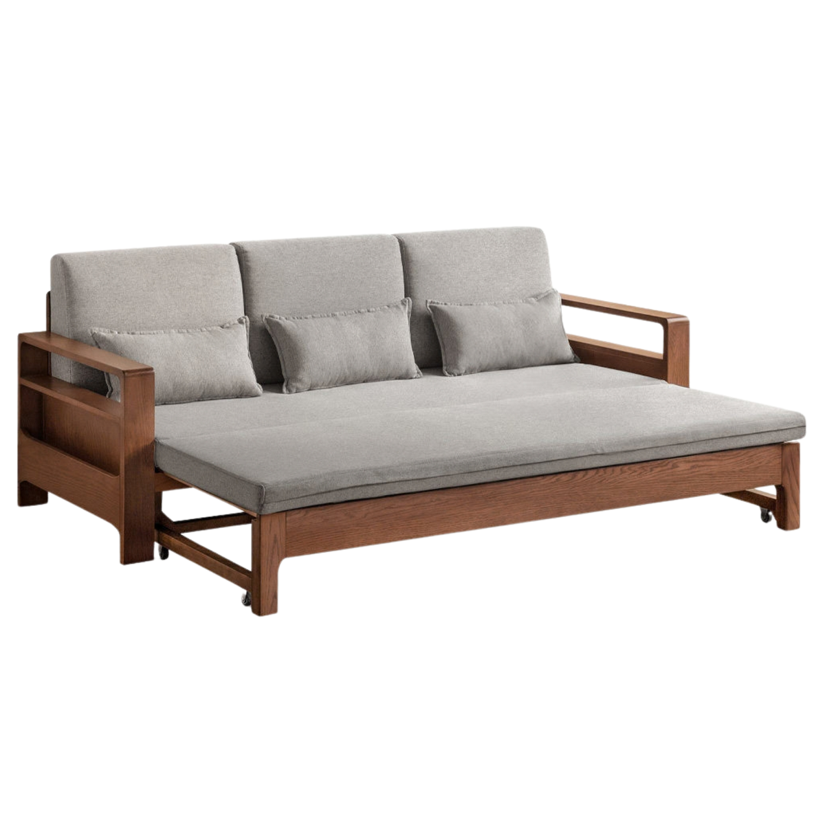 Oak, Beech Sofa Bed with Wood Frame and Side Storage Pocket