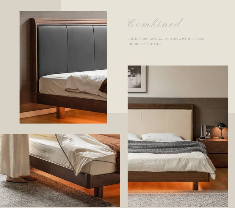 Black Walnut Solid Wood Luxury Leather With Light Bed