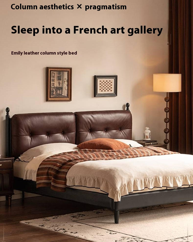 Leather Soft Bed French Retro Style