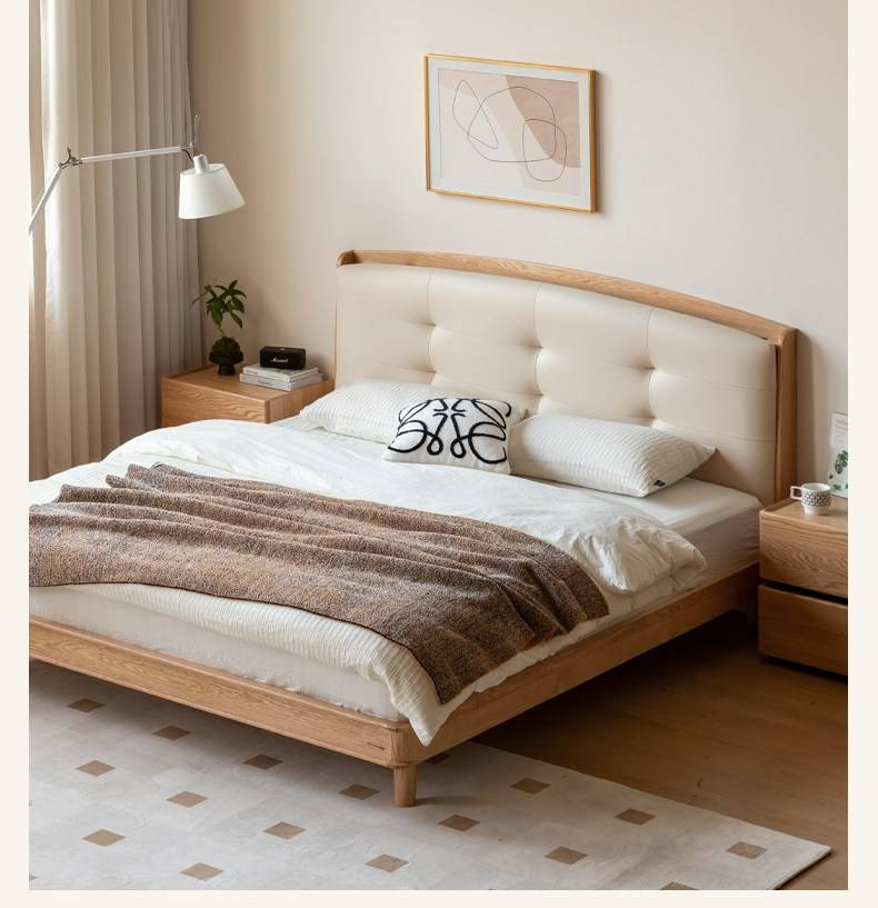 Oak Solid Wood Bed — Simple Style with Multifunctional Upholstered Design