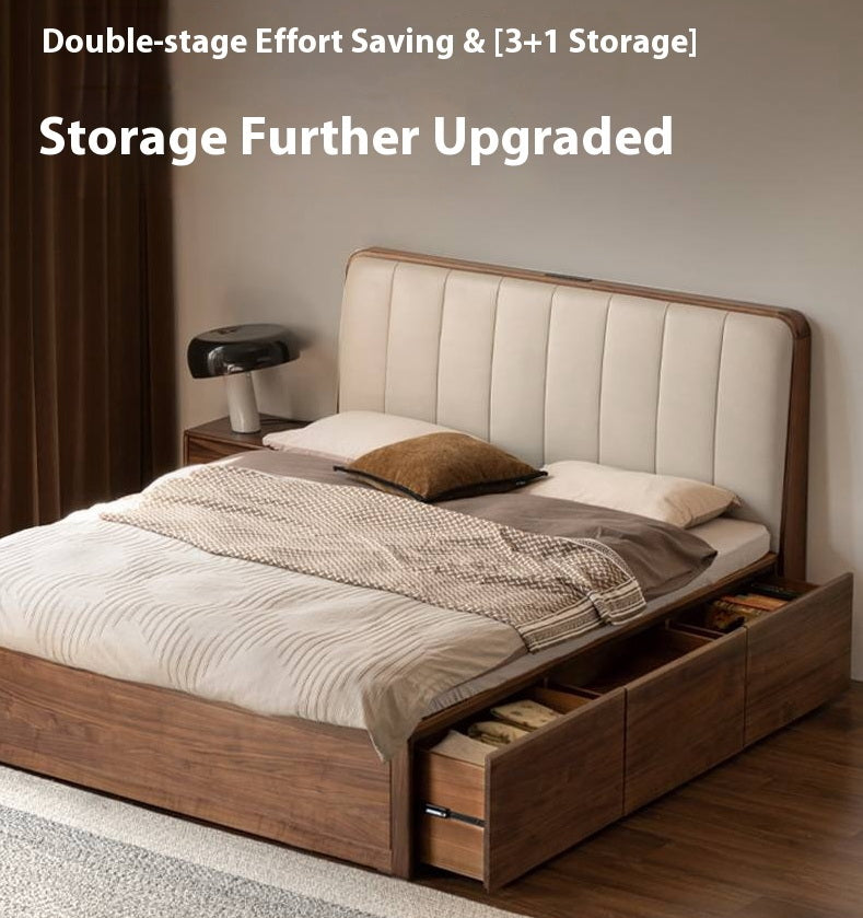 Black Walnut Solid Wood Genuine Leather Italian Light Luxury Soft Bed