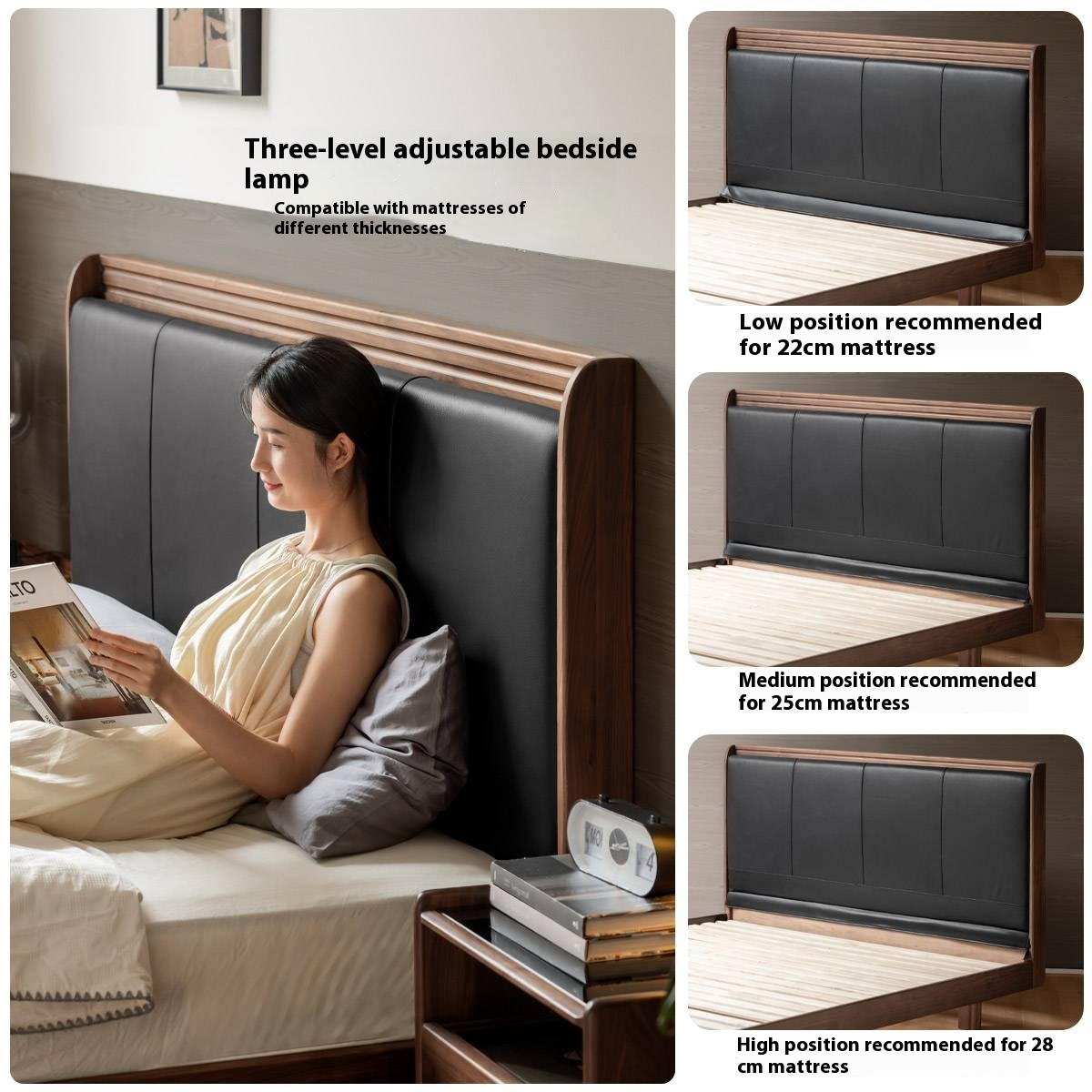 Black Walnut Solid Wood Luxury Leather with Light Bed