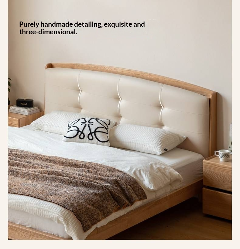 Oak Solid Wood Bed — Simple Style with Multifunctional Upholstered Design