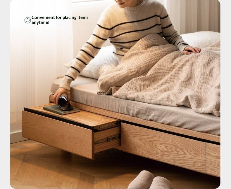 Oak Solid Wood Platform Bed — Headboard-Free, Drawer Storage, Simple Pull-Out Design