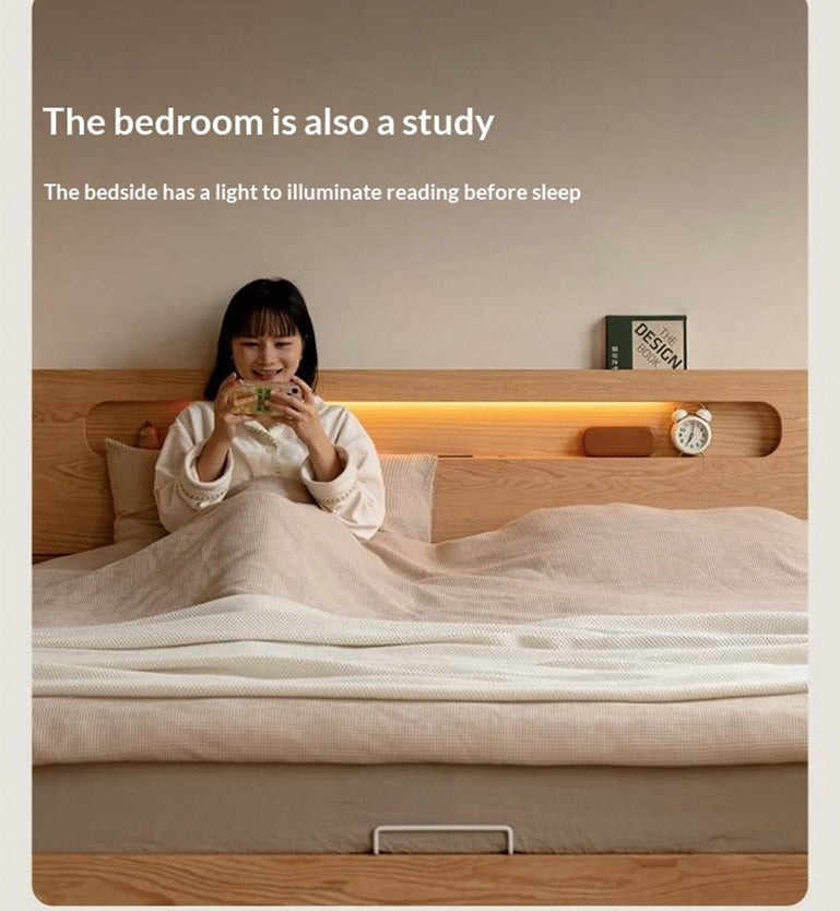 Oak Solid Wood Bed — Nordic Style with Socket and Storage