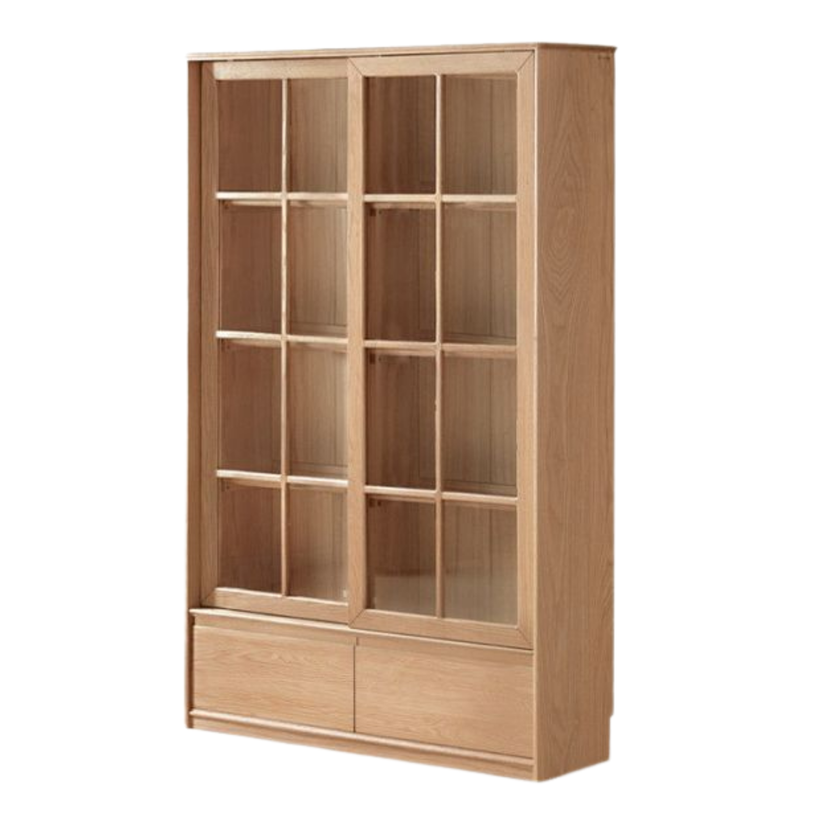 Ash Solid Wood Bookcase with Sliding Doors and Floor-to-Wall Glass Display Cabinet