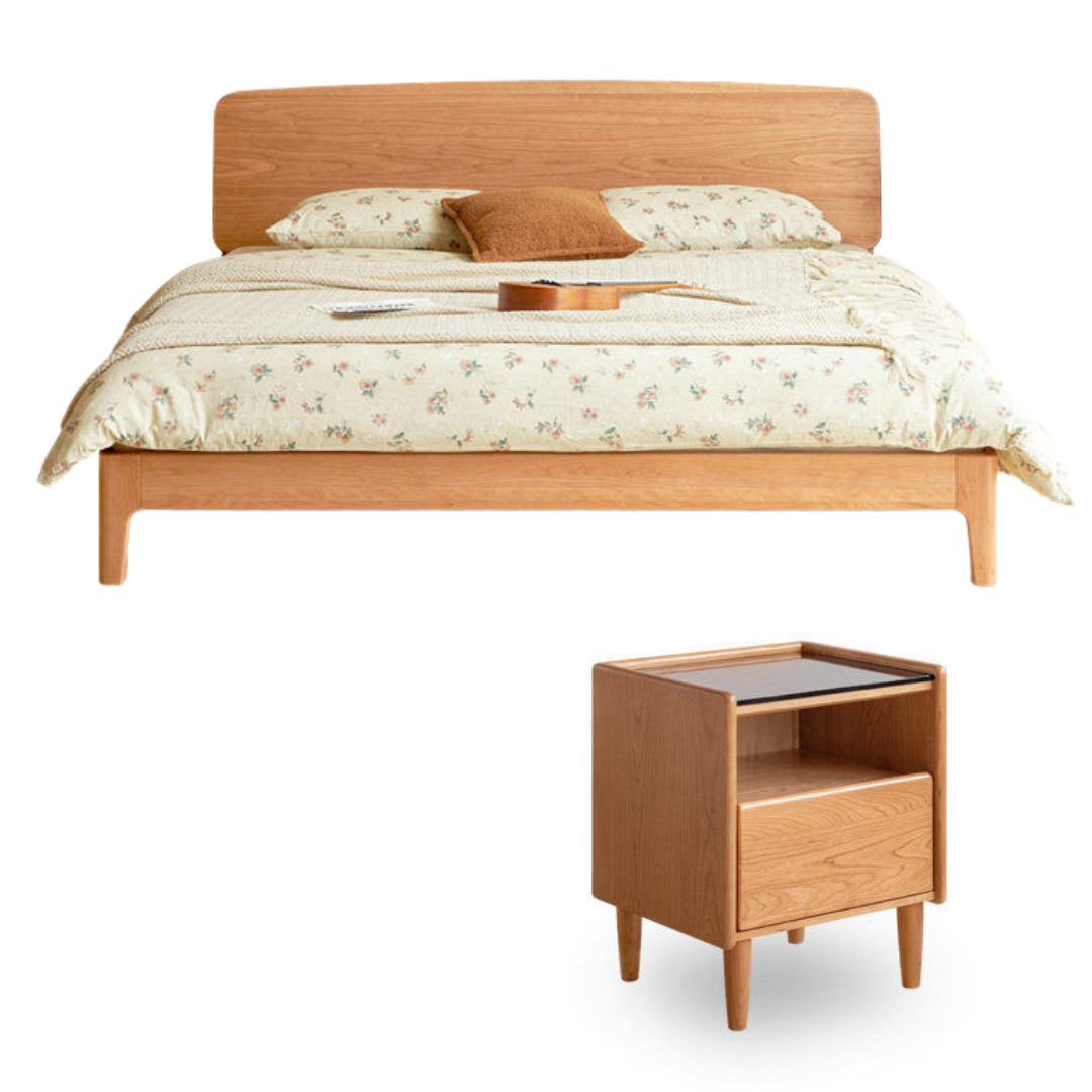 Cherry Solid Wood Bed — Retro Simple Luminous Bed with Charging and Storage