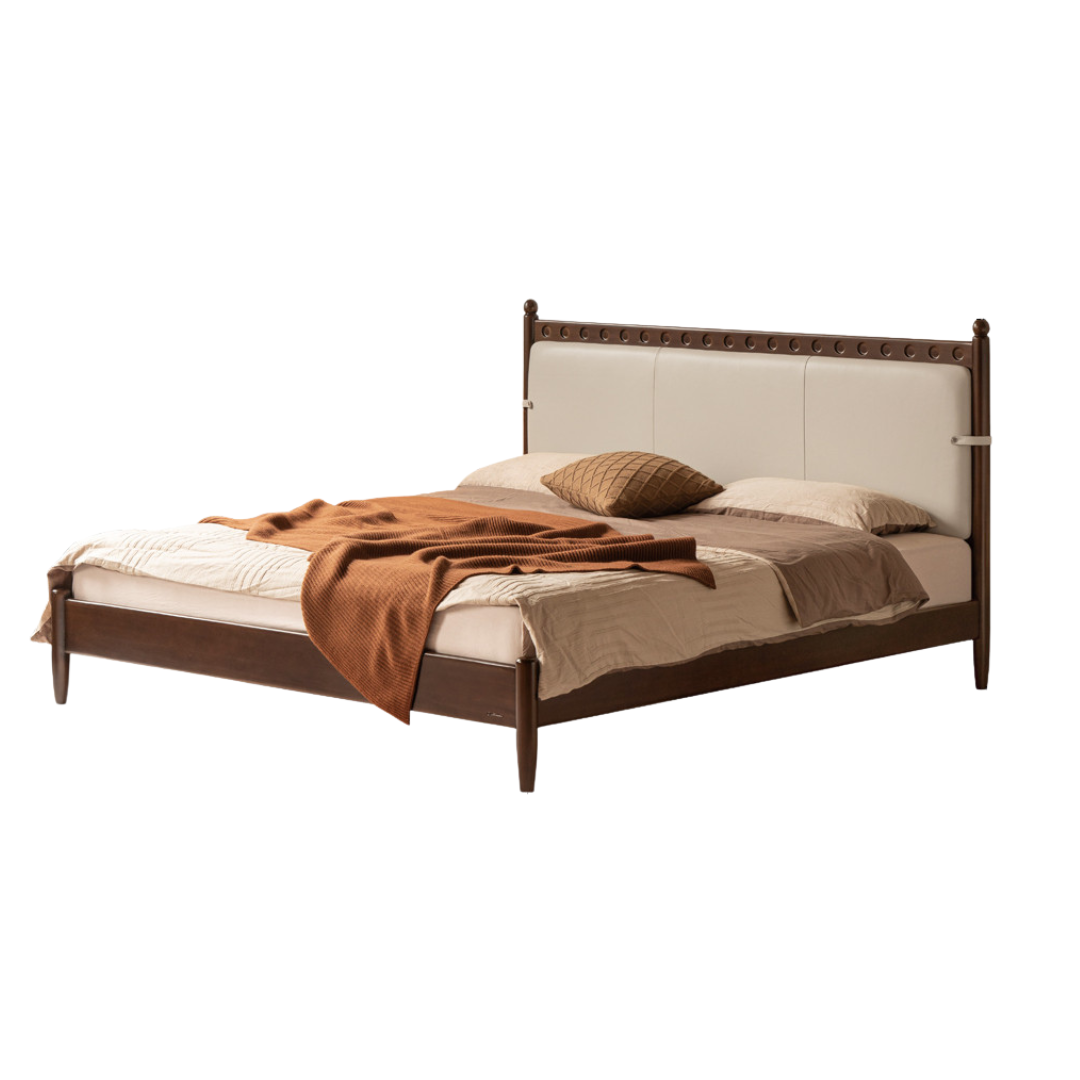 Poplar Solid Wood Genuine Leather Soft Backrest Bed Retro Vintage