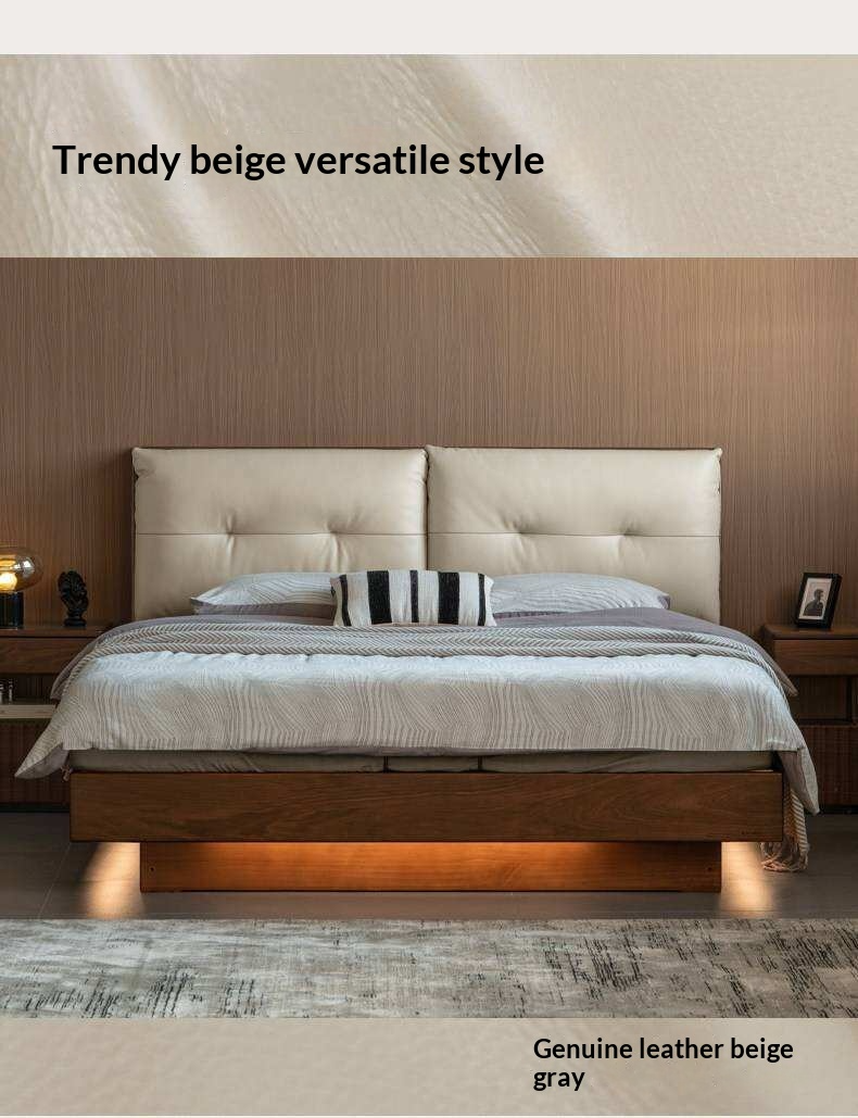 Black Walnut Solid Wood Genuine Leather Lift-Up Storage Bed with Tufted Headboard and LED Floating Base