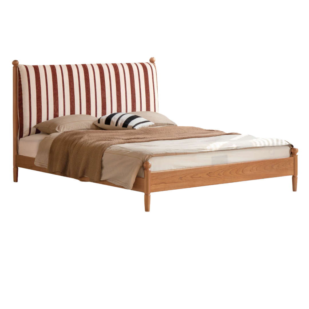 Cherry Solid Wood Fabric Upholstered Bed