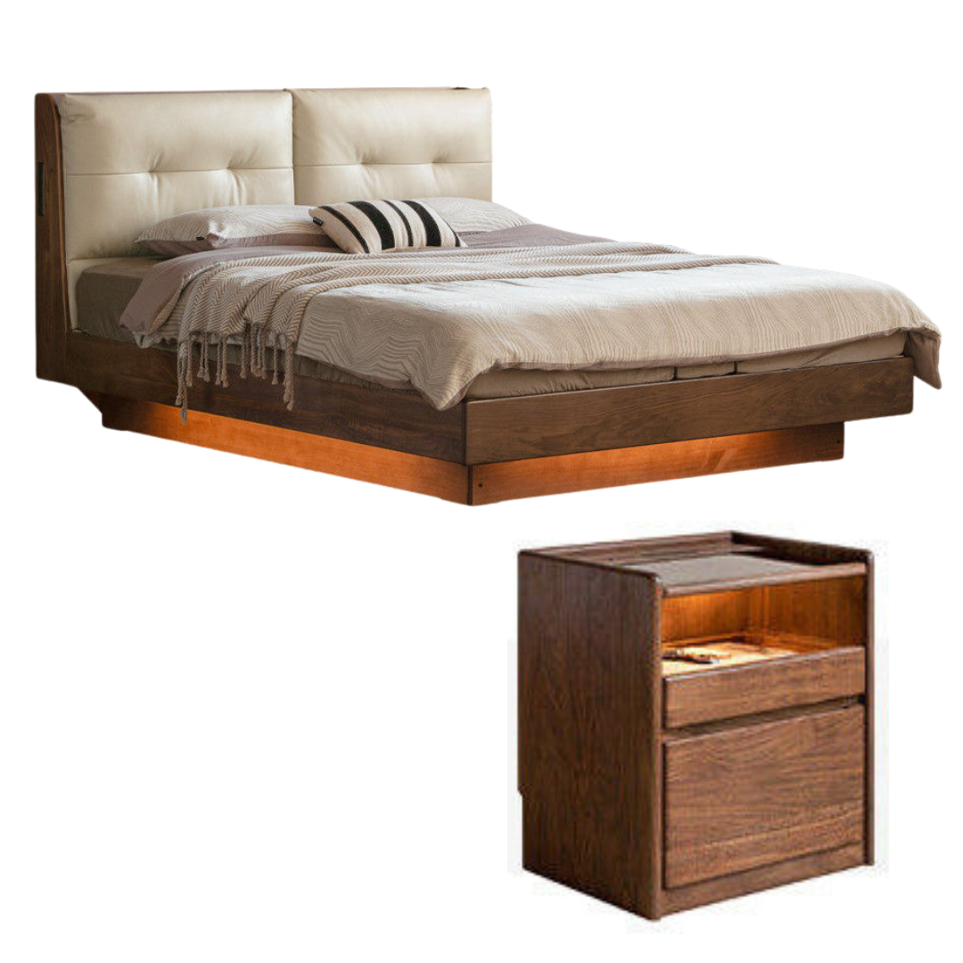 Black Walnut Solid Wood Genuine Leather Lift-Up Storage Bed with Tufted Headboard and LED Floating Base