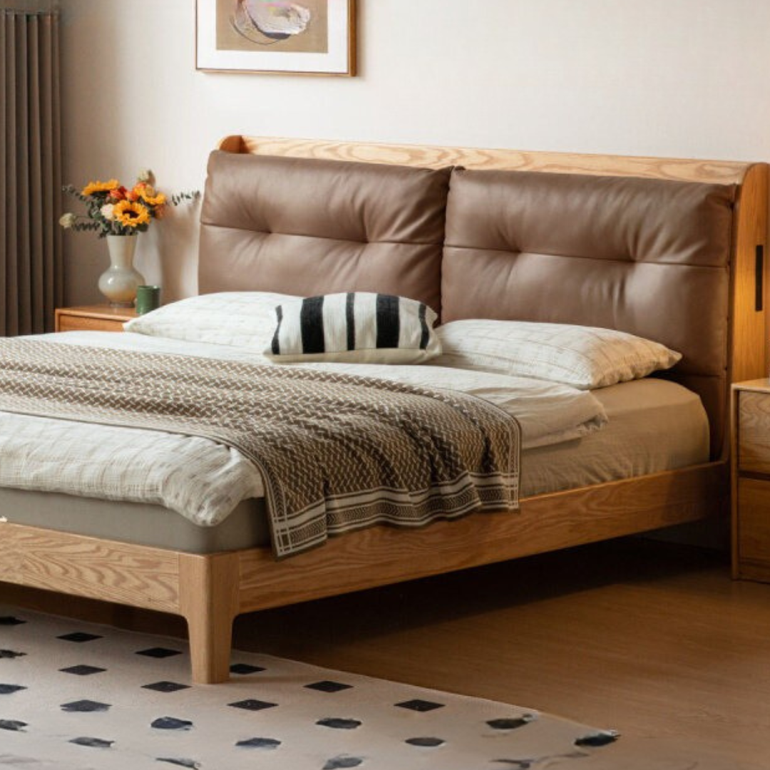 Oak Solid Wood Modern Leather Bed