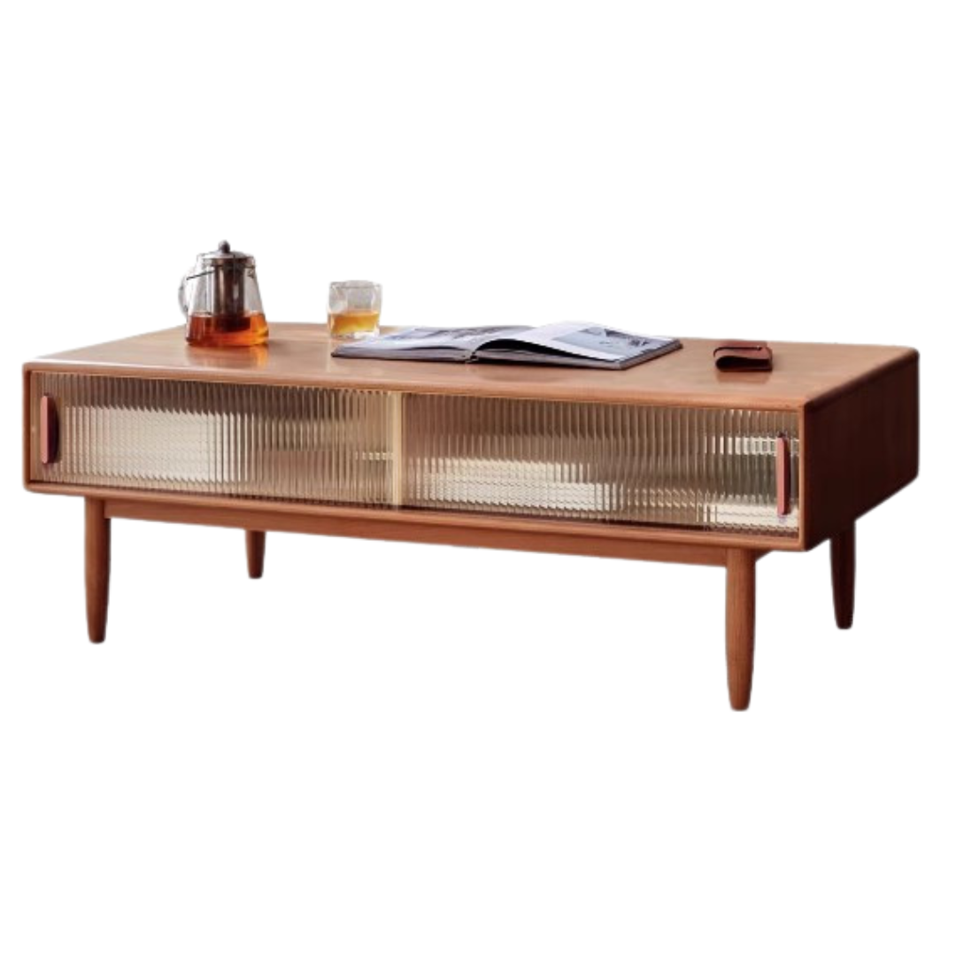 Beech Solid Wood Glass Sliding Door Coffee Table