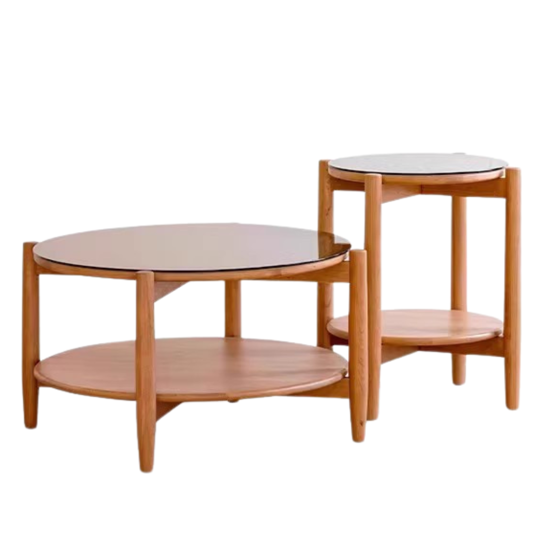 Cherry Wood Rattan Vine Weaving Glass Retro Coffee Table Combination