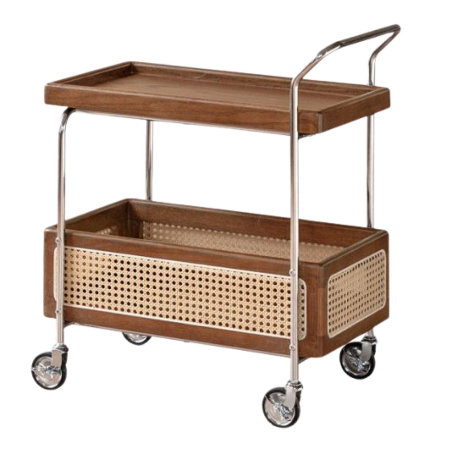 Oak Solid Wood Side Table with Double Layer Storage and Mobile Trolley