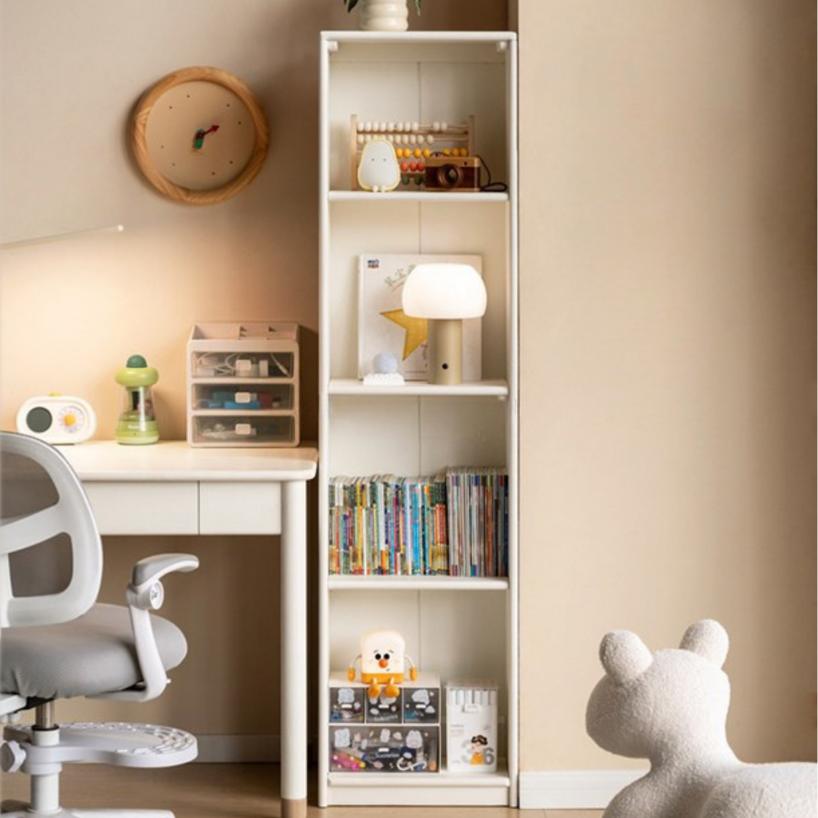 Solid RubberWood, Beech Solid Wood Kids Corner Bookcase, Narrow Floor-to-Wall Storage